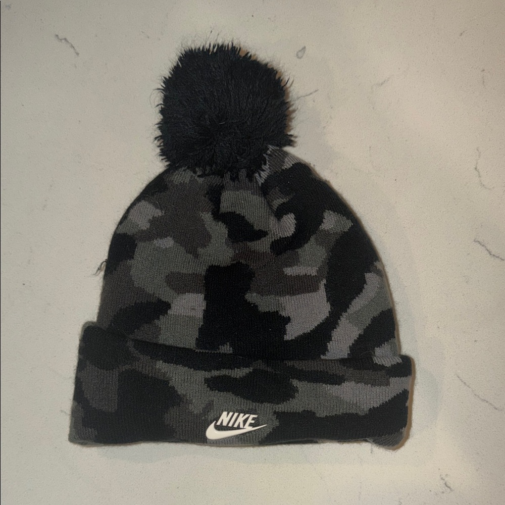 Nike Black and Gray Camo Beanie with Pom